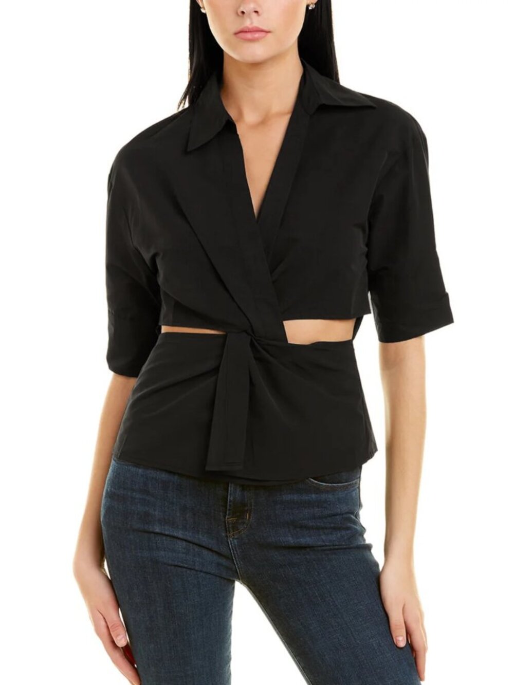 GRACIA Collard Cut Out Blouse Top Black NWT Size L